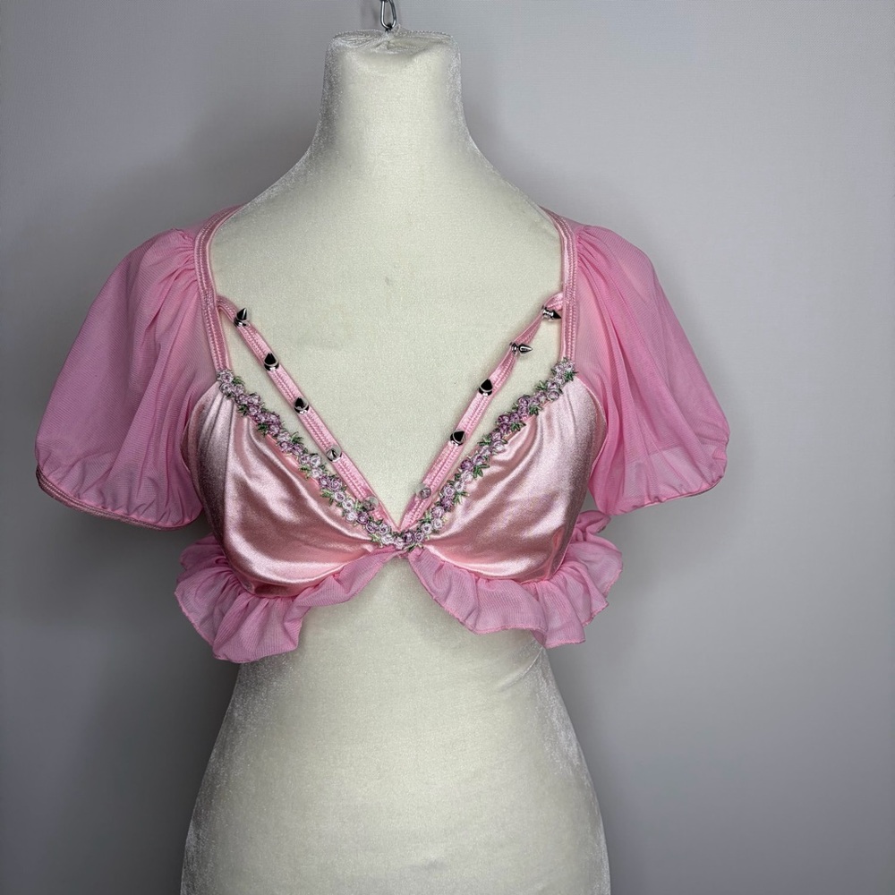 Sugar Thrillz Pink Satin & Chiffon Cropped Babydoll Top